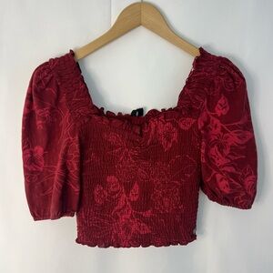 Women’s ROXY Tropical Red* Balloon Sleeve Smocked Crop Top